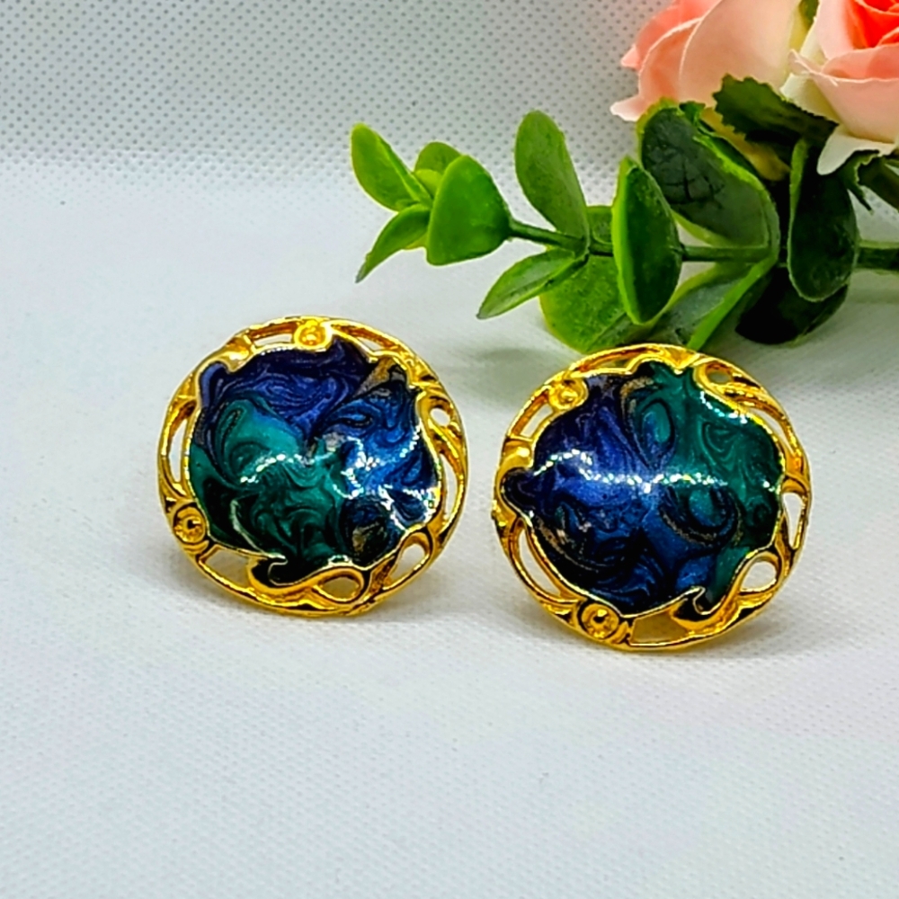 Vintage Round Multicolor Navy Blue Emerald Green with Gold tone Clip On Earrings